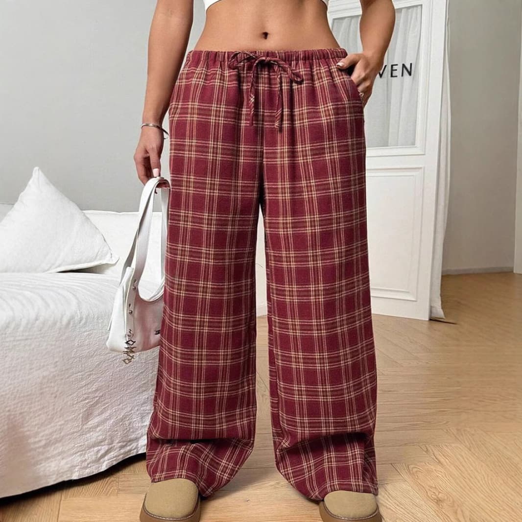 2025 Cross-border Amazon European and American Foreign Trade New Women's Casual Pants All-match Loose Drawstring Plaid Pocket Pants