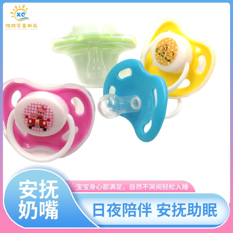 Baby pacifiers, ultra-soft silicone, round or flat head, sleep-friendly, cartoon-themed, colorful, factory direct wholesale, cross-border export.