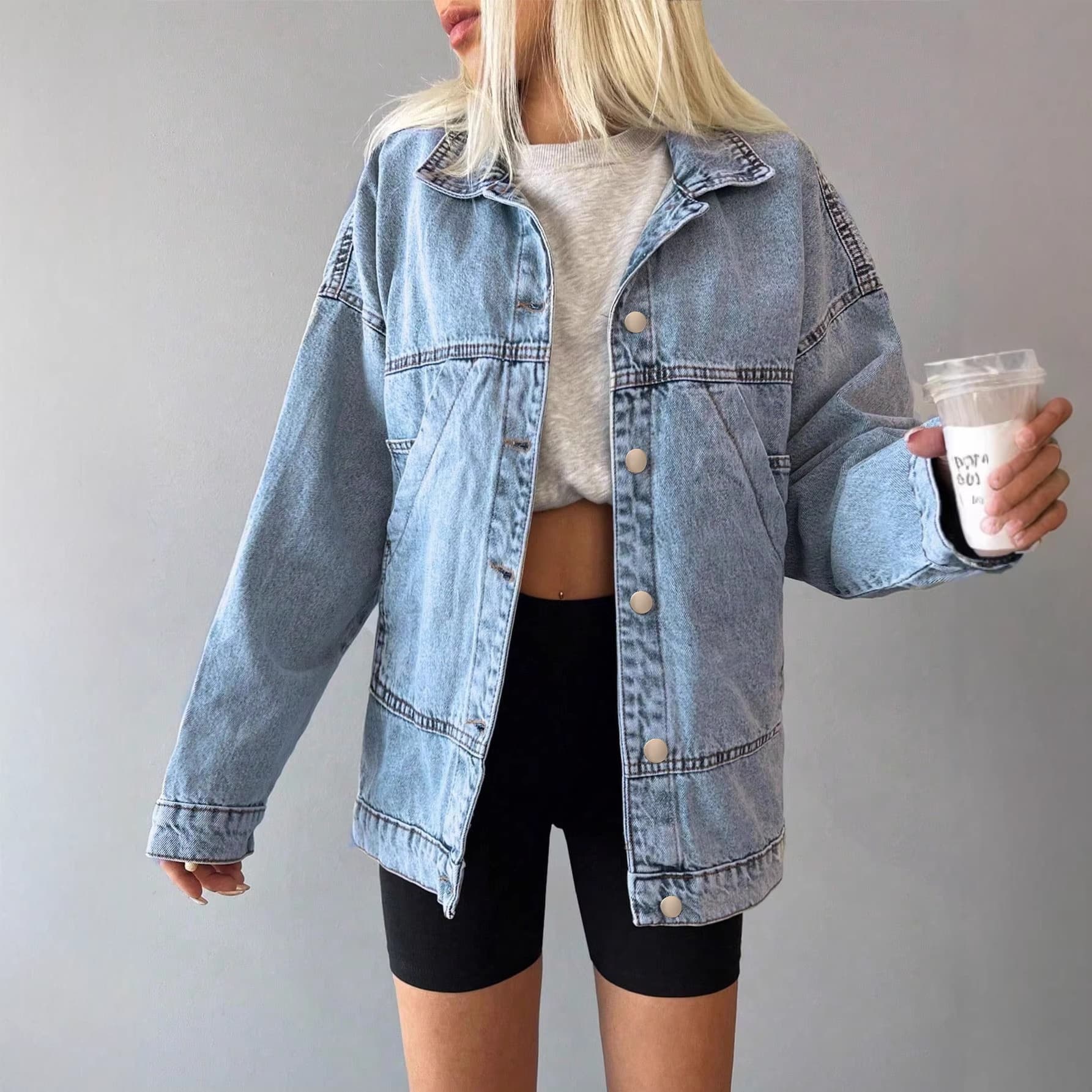 2026 Denim Loose Fit Vintage American Retro Casual Women's Denim Jacket JEAN Drop Shoulder Long Sleeve TK
