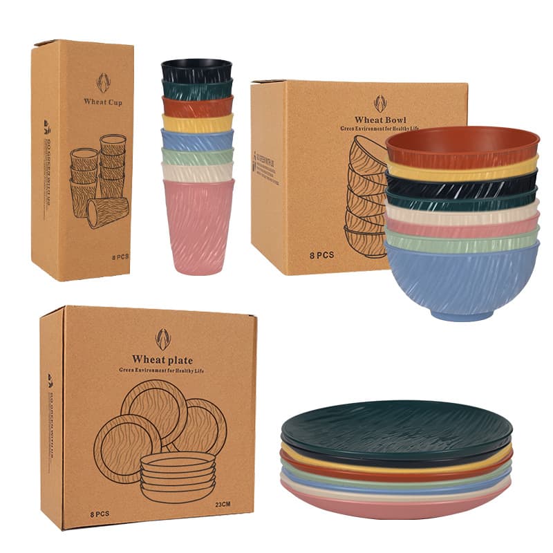 Cross-border Amazon Wheat PP Melamine Rock Grain Plate Bowl Cup Tableware Set Home Dinner Plate Salad Bowl Cup Set