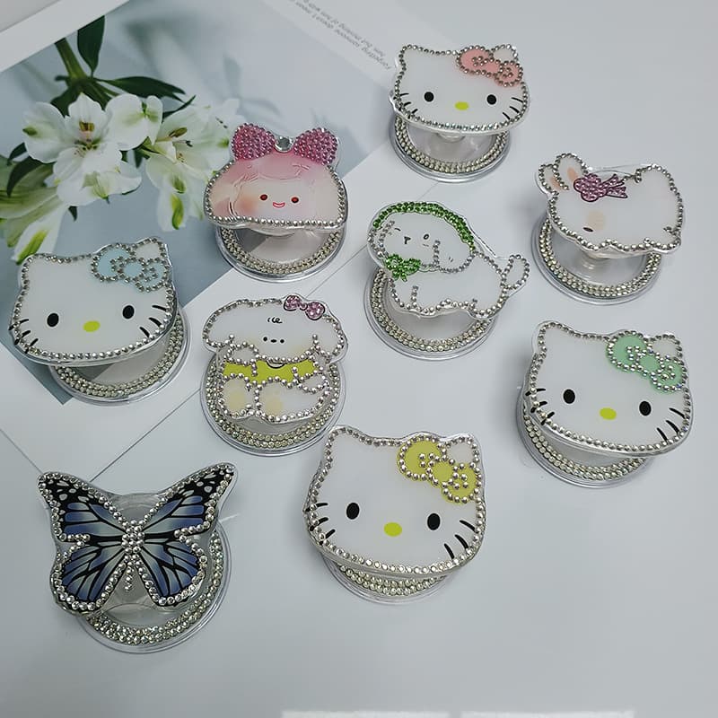 Original Glitter Black Leather Hello Kitty for Magsafe Magnetic Phone Holder, Personalized Creative Lazy Support Stand
