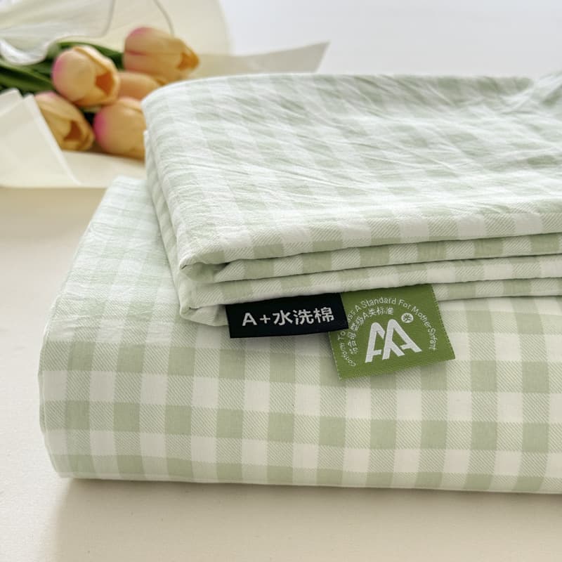 Japanese unprinted solid color plaid washed cotton single fitted sheet mattress cover all-inclusive anti-slip single product bed cover pillowcase sheet