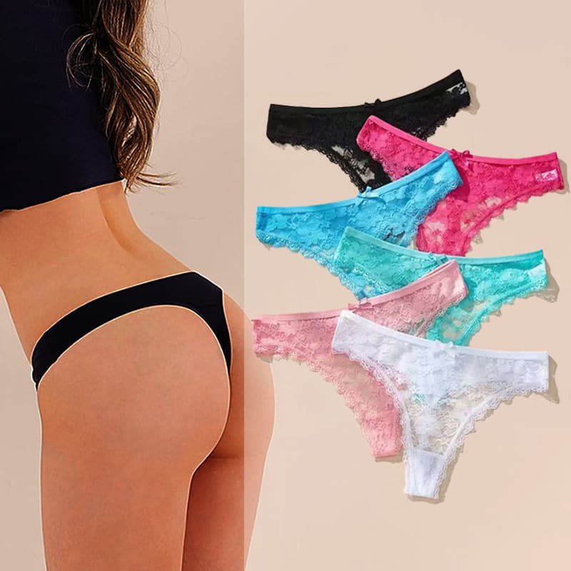 European and American Sexy Lace Thong Women's Solid Color Hollow Lingerie Low Waist T-Back Panties Seamless Transparent Underwear