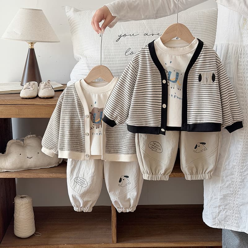 Infant and toddler spring and autumn baby boy three-piece set cute sweatshirt pants fashionable and handsome striped cardigan children's clothes