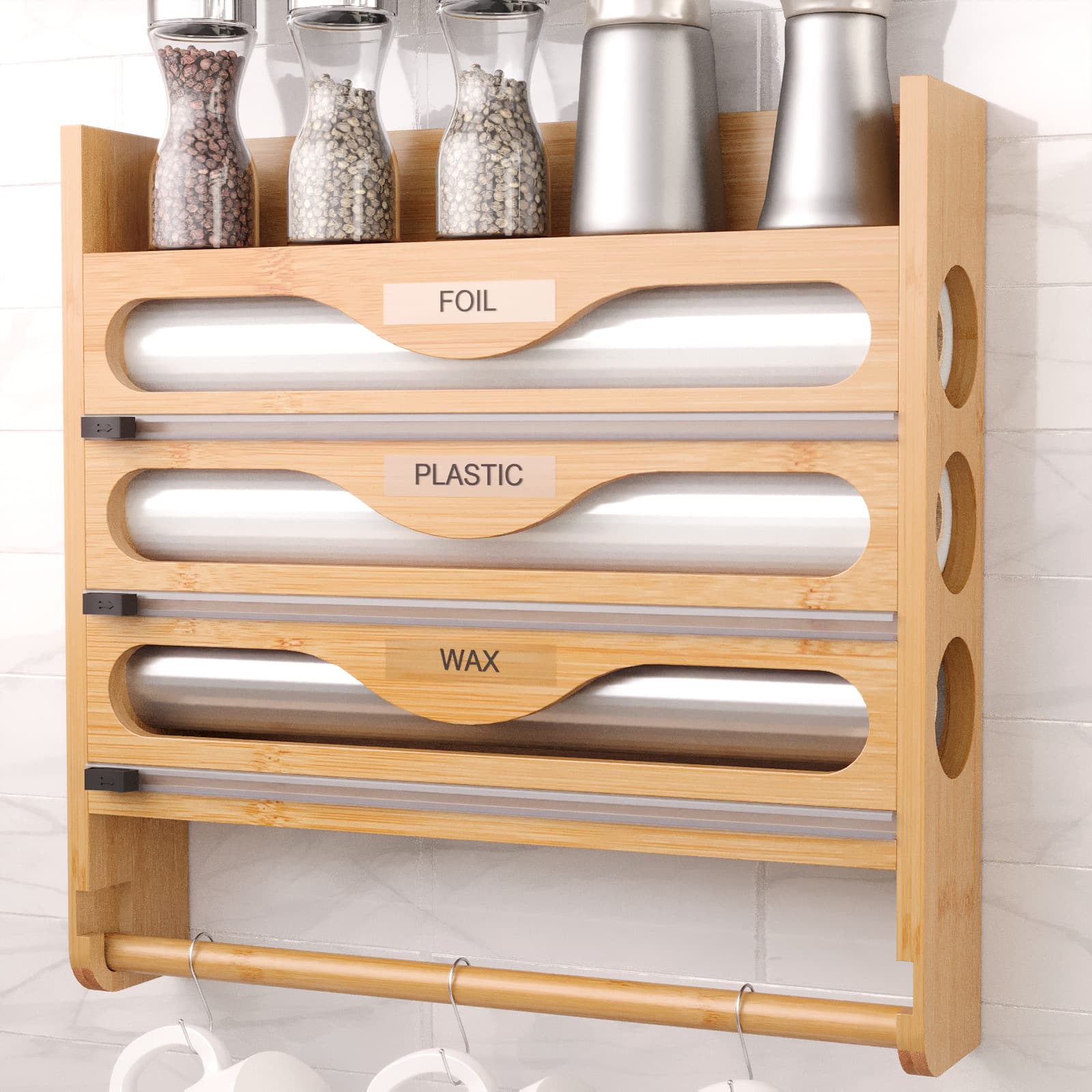 Wall-Mounted Multi-Function Bamboo Kitchen Cling Film Cutter with Layered Foil Dispenser, Korean-Style Minimalist Multi-Compartment Storage Box