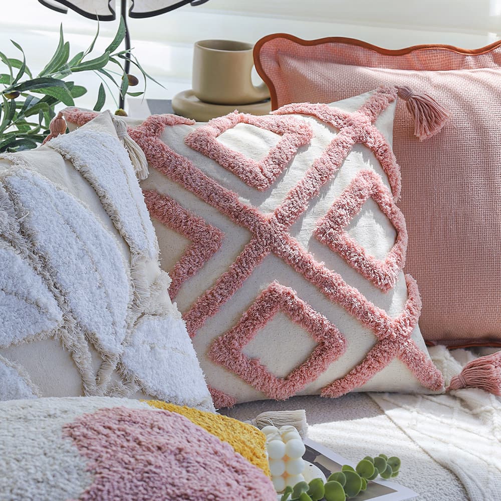 Ins-style Nordic Throw Pillow Pink Bohemian Tufted Cotton Cushion Simple Removable Washable for Living Room Sofa Bed and Breakfast
