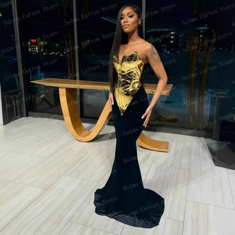 Cross-border Gold Patent Leather Bustier Top Black Pencil Fishtail Skirt Set European and American Fashion Party Performance Dress