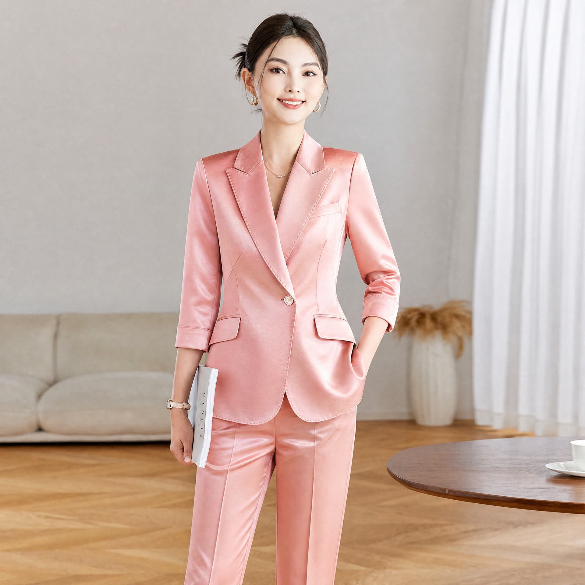 2026 summer silk mid-sleeve suit suit acetate satin white collar formal wear high-end beauty salon service employee uniform