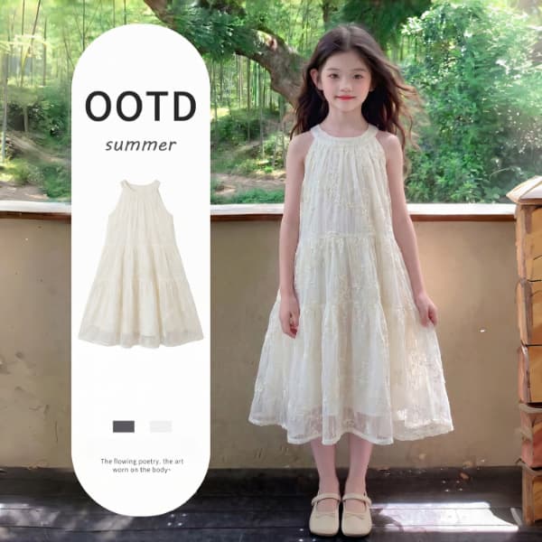 Girls Summer Dress 2026 New Medium to Large Size Princess Dress Children's Spaghetti Strap Dress Beach Dress for Girls