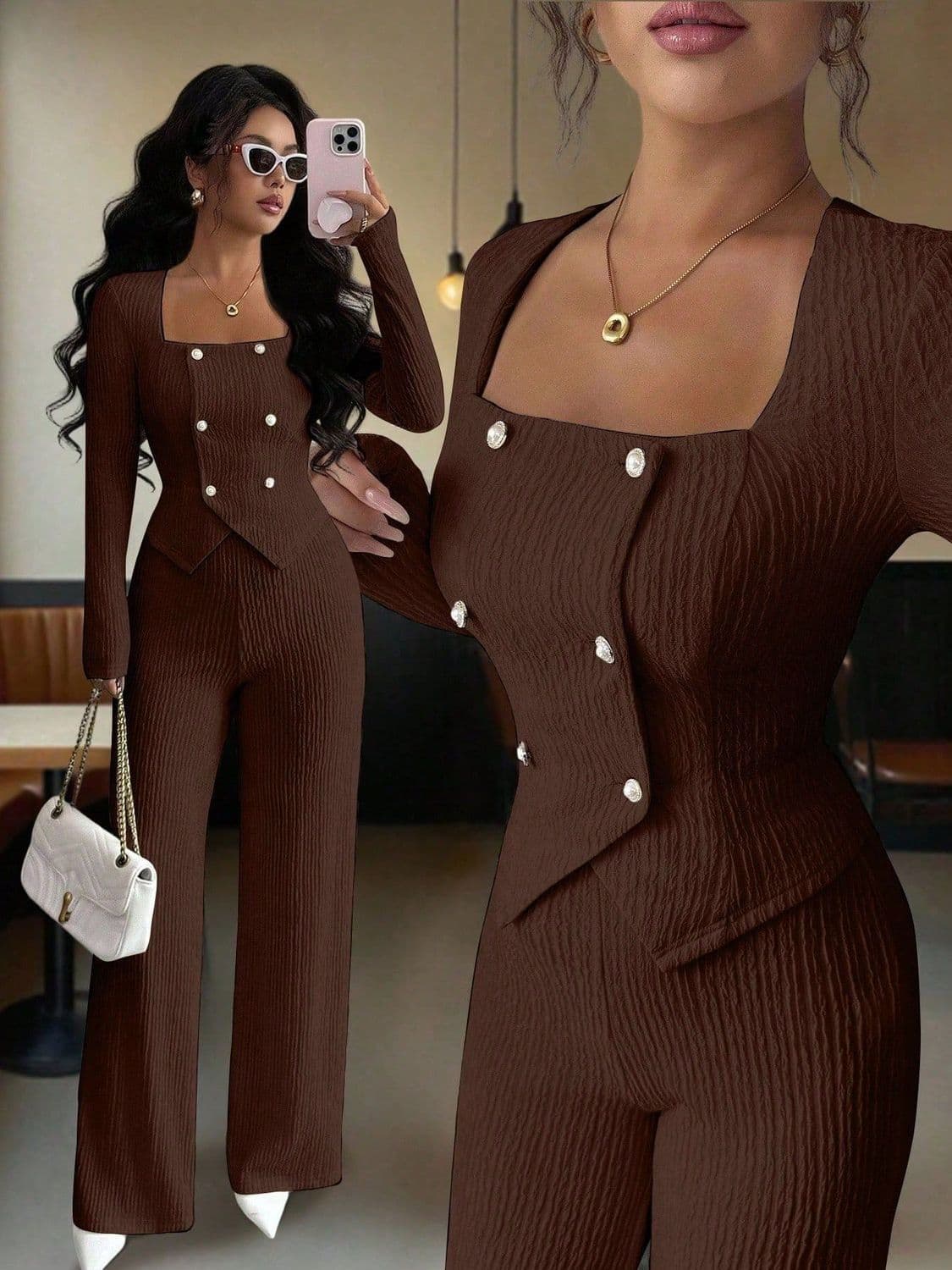 Plus Size 2026 Fashion Women's Solid Textured Long Sleeve Two-Piece Set with Button Design Top and Straight Leg Pants