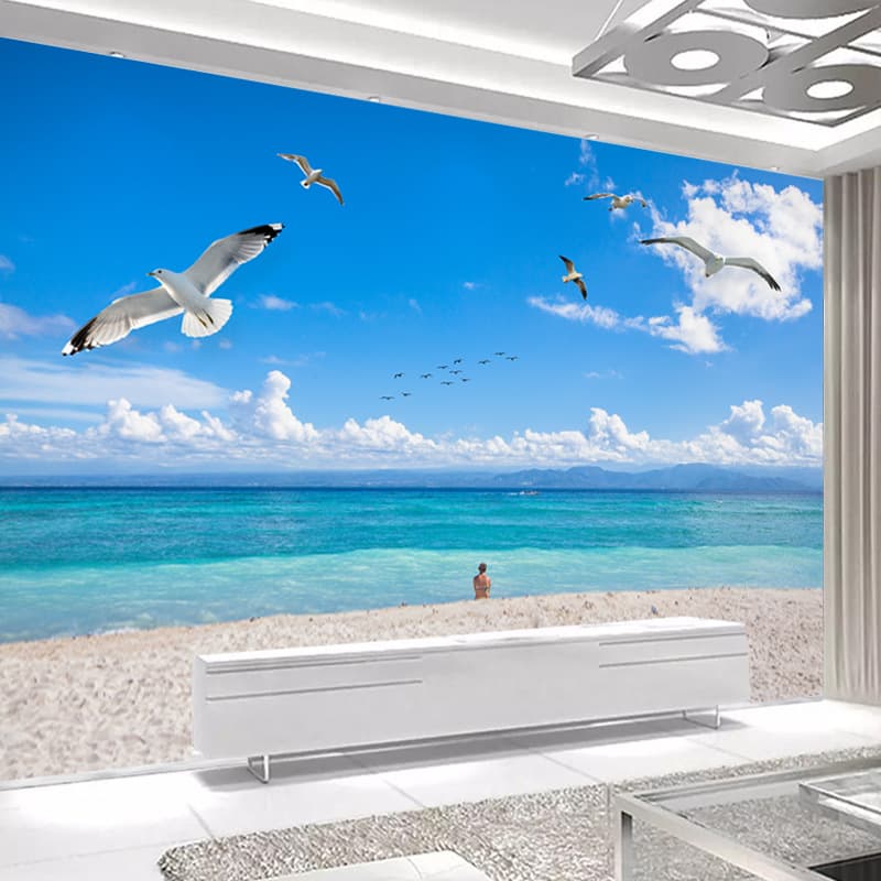 Self-Adhesive Wall Art Seascape Forest Natural Scenery Living Room Sofa TV Background Wall Mural Bedroom Wallpaper