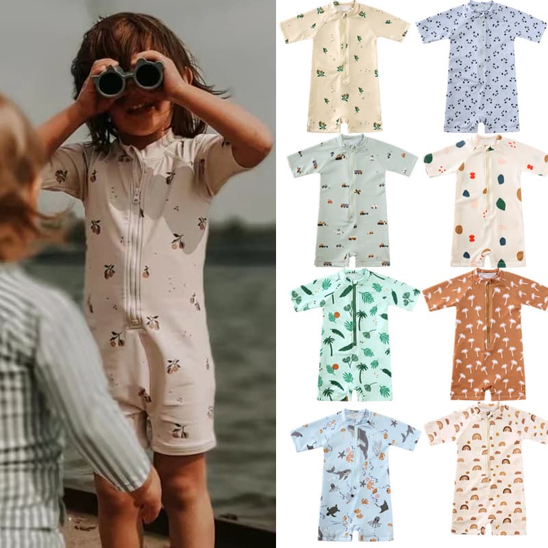 Men's and Women's Floral Polyester Zip-Up Bodysuit Ins Boys Sun Protection Quick-Dry Hot Spring Swimwear Conservative Swimsuit