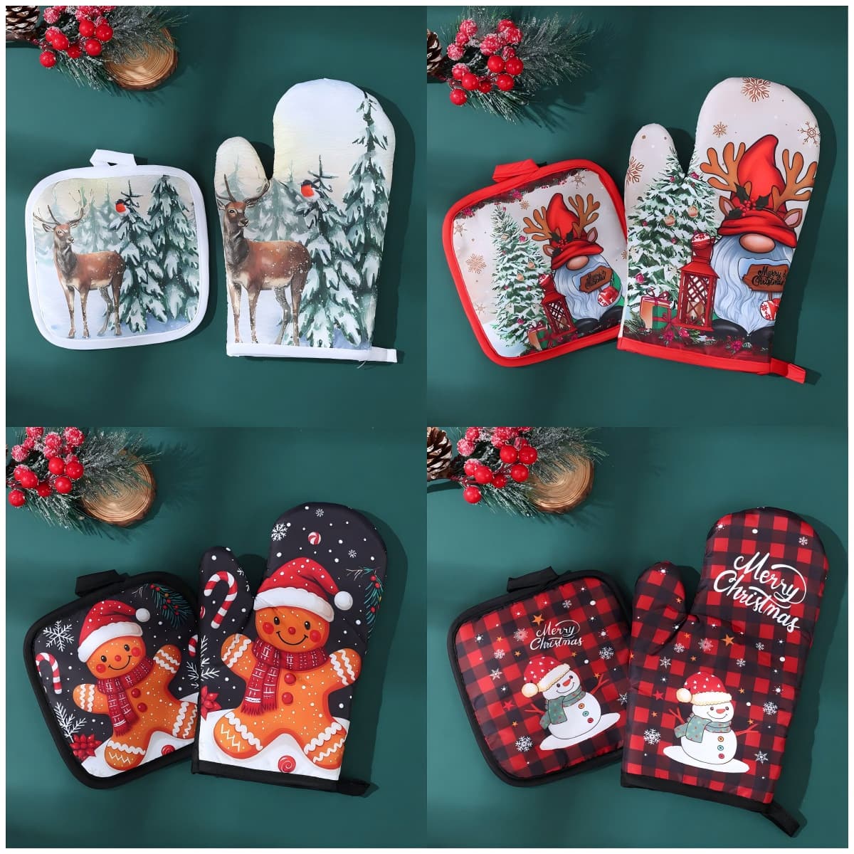 Christmas insulation gloves anti-scalding mat set elk snowman pattern kitchen baking high temperature anti-scalding anti-slip gloves