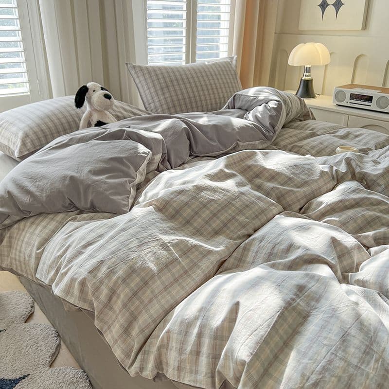 Simple Duvet Cover Bedding Set, Japanese Minimalist Grid Washed Cotton Dormitory Bed Sheet Set, Single/Double