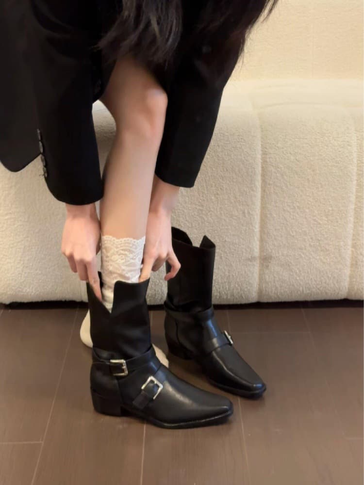 Sheepskin version~Niche high-end belt buckle genuine leather western cowboy boots for women 2025 new thick heel Martin short boots