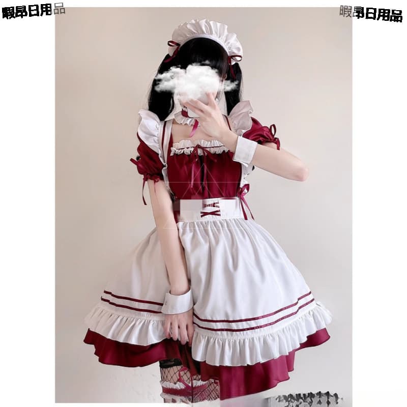 Japanese Soft Girl Maid Dress Pure and Cute Red Maid Uniform Set Role Play