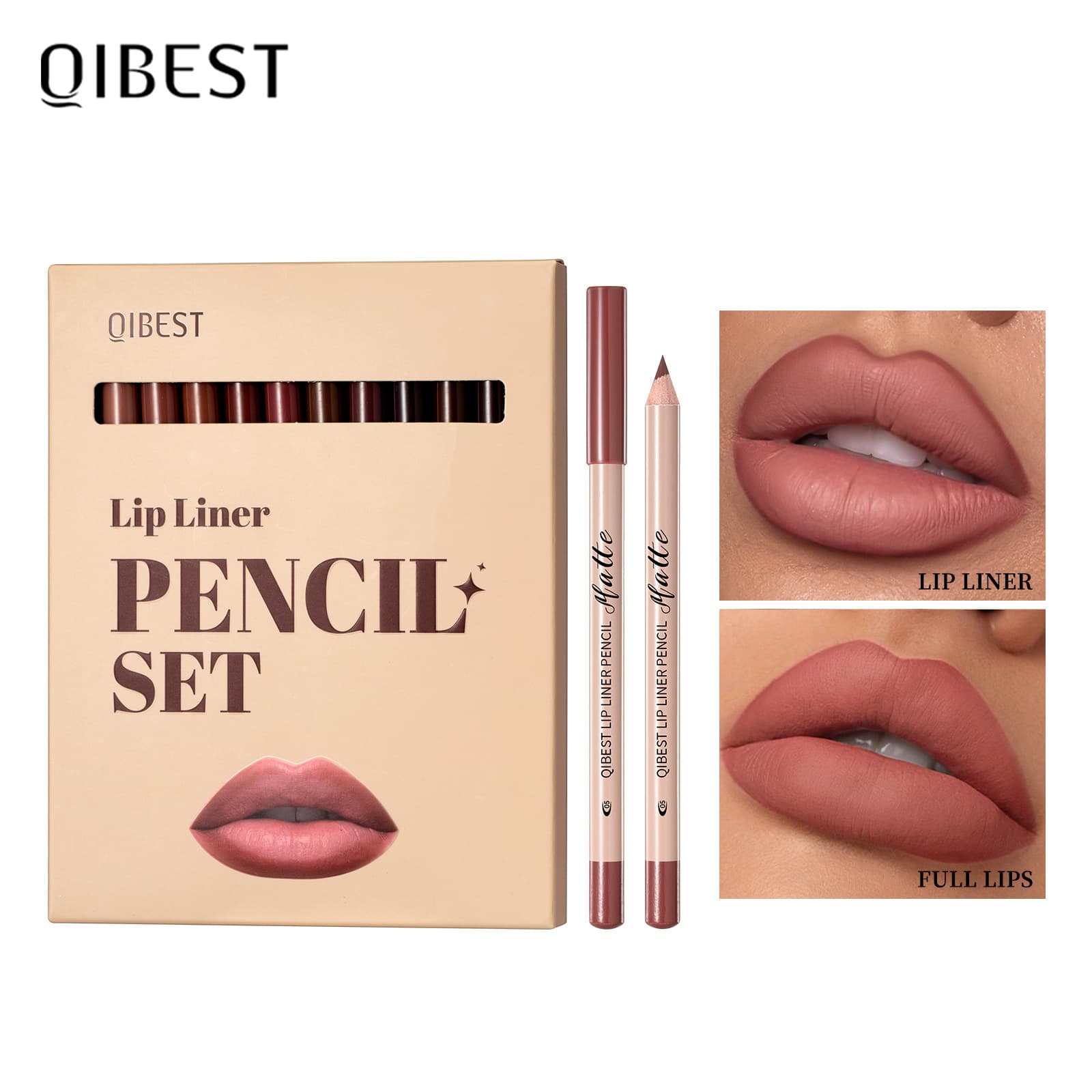 QIBEST European and American Cross-Border 12-Color Matte Wood Lipstick and Lip Liner Set: Nude Color, Long-Lasting and Smudge-Proof.
