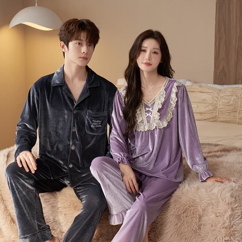 Couple Pajamas Long Sleeve Autumn Winter Velvet Casual Sexy Women Thin Men Premium Homewear Set