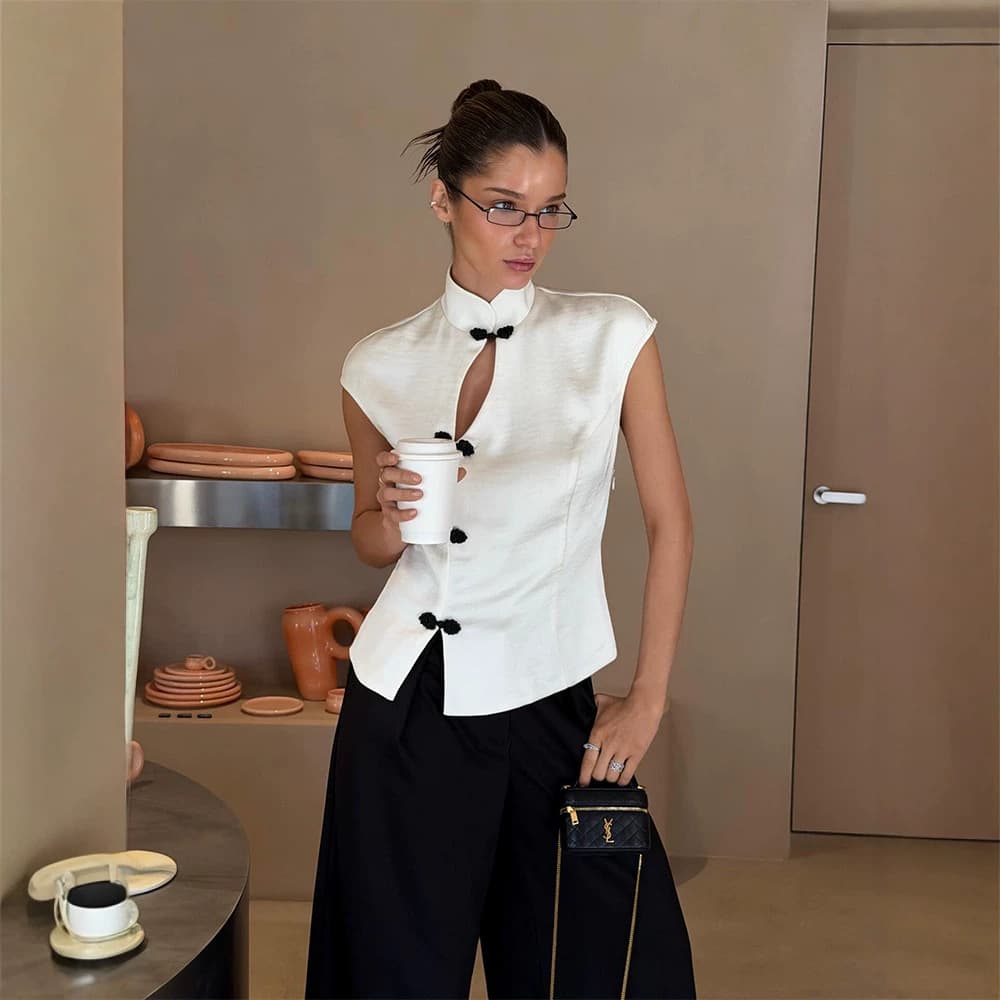 Cross-border European and American Women's Summer New Arrival Solid Color Stand Collar Sleeveless Hollow Single Row Button Waist-Tied Chinese-Style Elegant Top