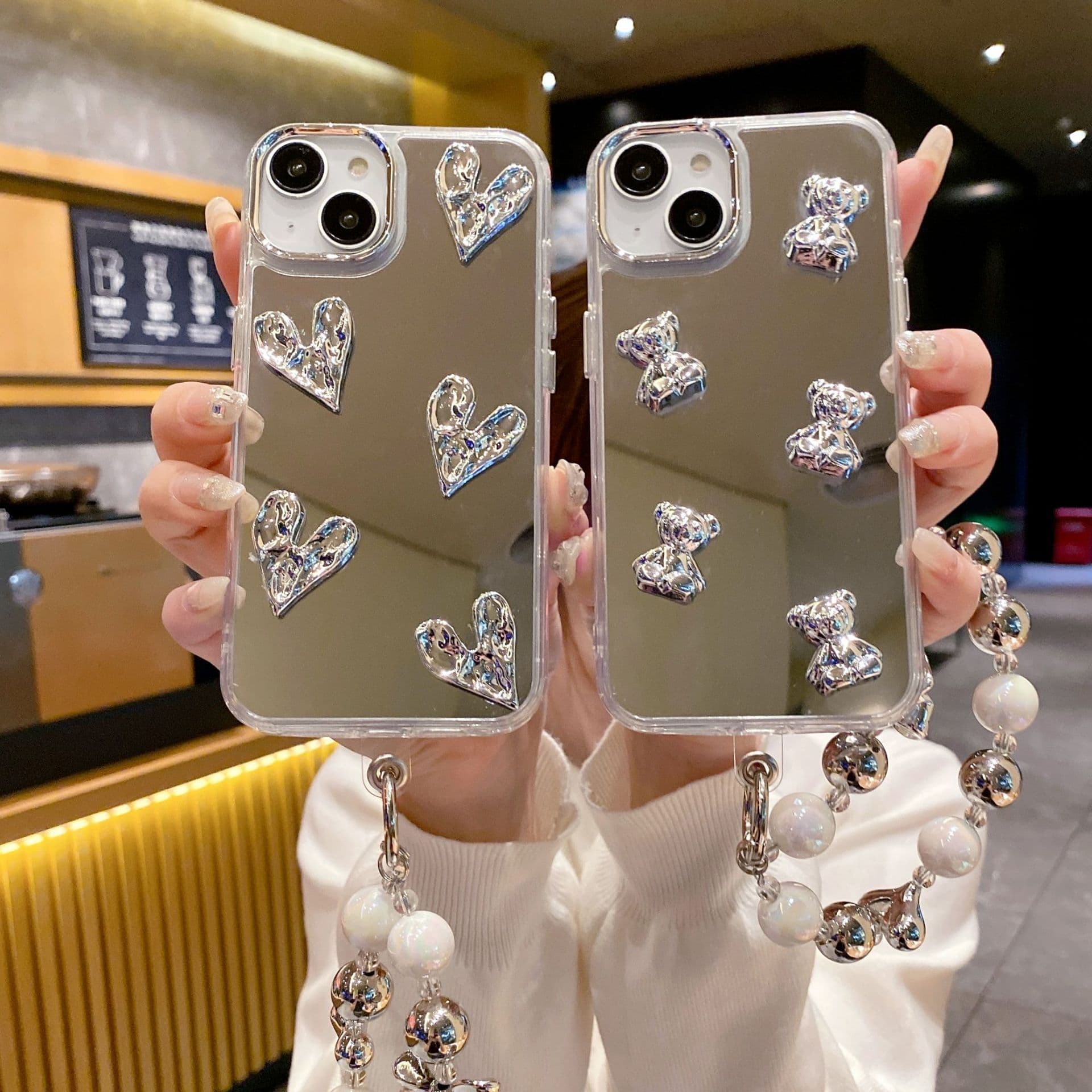 Mirror couple mobile phone case 14 Apple 16 female high-end violent bear iPhone 13 love bracelet protective cover
