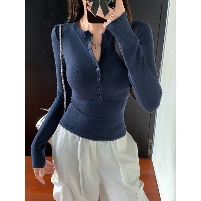 Hot girl tight-fitting right shoulder long-sleeved T-shirt for women 2025 new spring and autumn bottoming shirt slimming inner buttoned student top