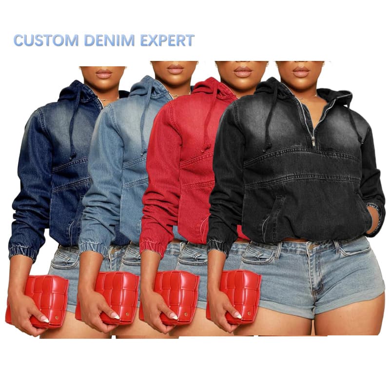 Cross-border Amazon Multi-color Bestseller Irregular Motorcycle Denim Jacket Women Loose Hooded Long Sleeve Casual Coat