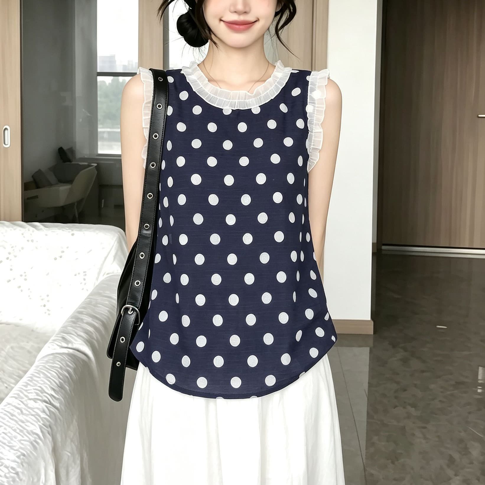 Design Polka Dot Lace Trim Sleeveless Square Shoulder Camisole Vest for Women, Summer Fashion Versatile Round Neck Top