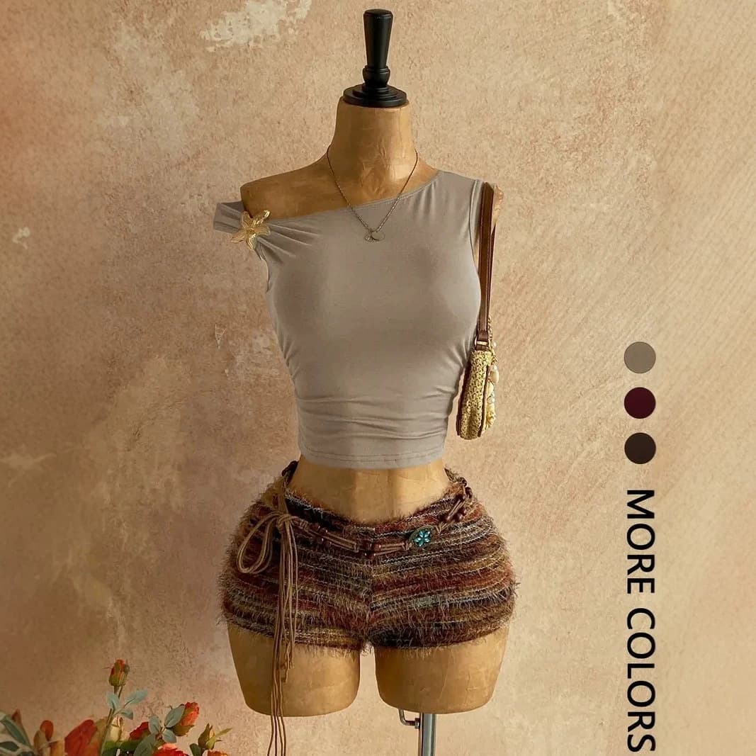 European and American Trendy Off-Shoulder Metal Floral Accent Crop Top Sleeveless Slim Fit Summer New Fashion Tee