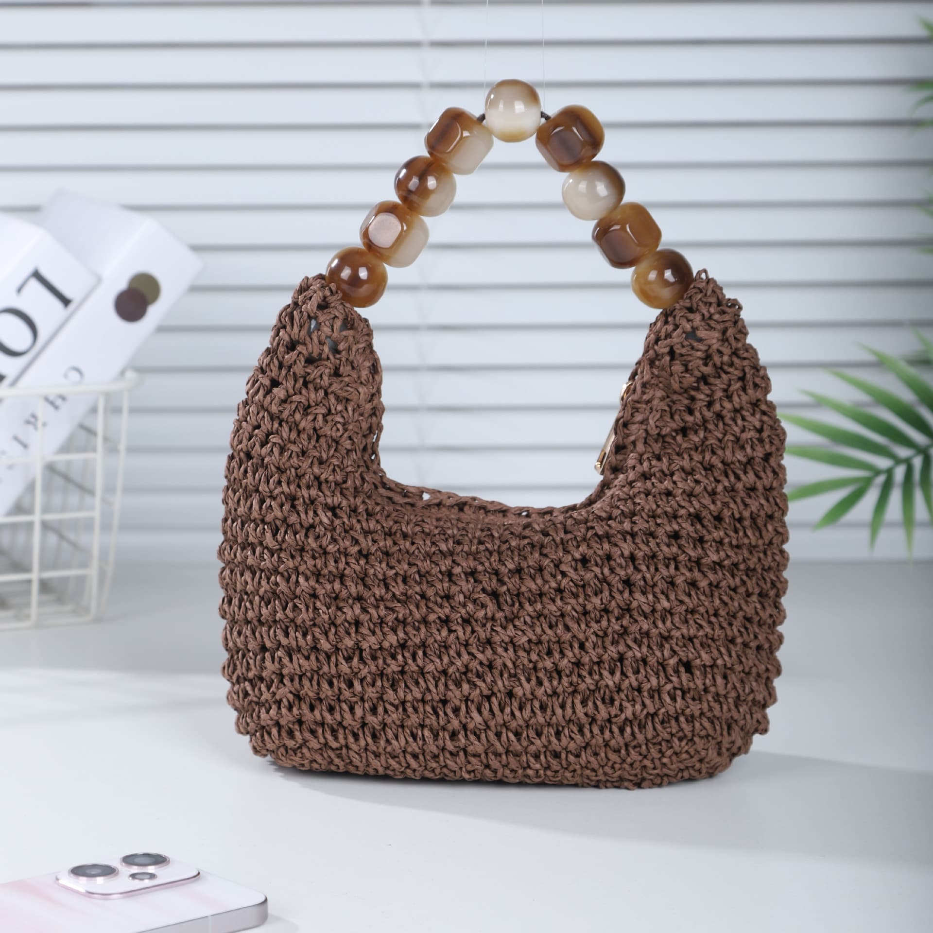 Summer Crescent Woven Tote Bag for Women, Beach Vacation Bag, Simple and Versatile Beaded Handbag, Dog Tooth Bag