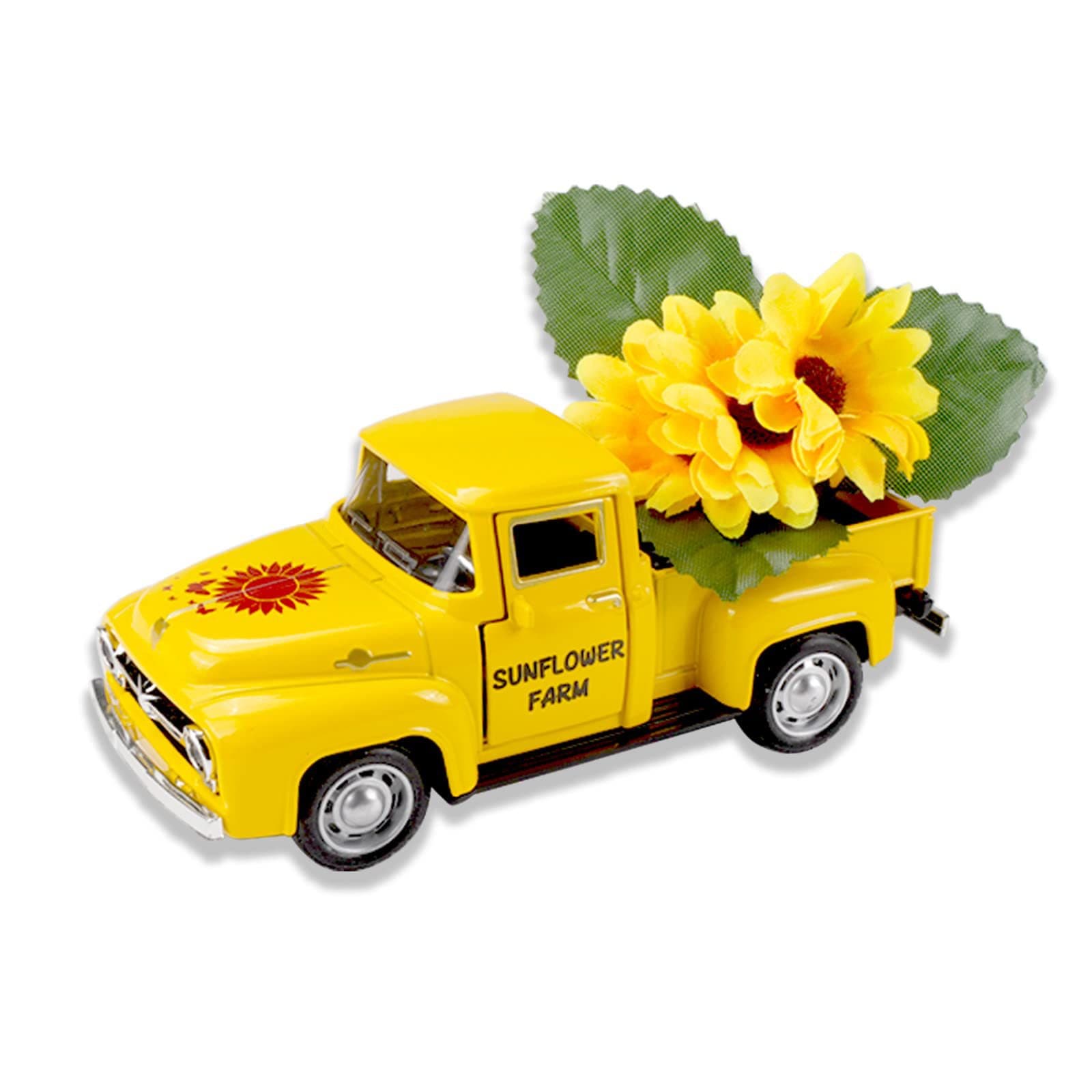 Mini Yellow Metal Truck Decorated Sunflowers Artificial Flowers Layered Tray Decoration Vintage Yellow Truck