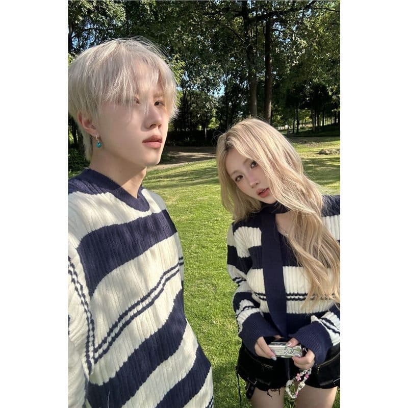 [Two-Piece Set] Couple Outfits Autumn/Winter Ins Super Popular 2025 Lazy Style V-Neck Sweater Knitwear Slimming Long and Short