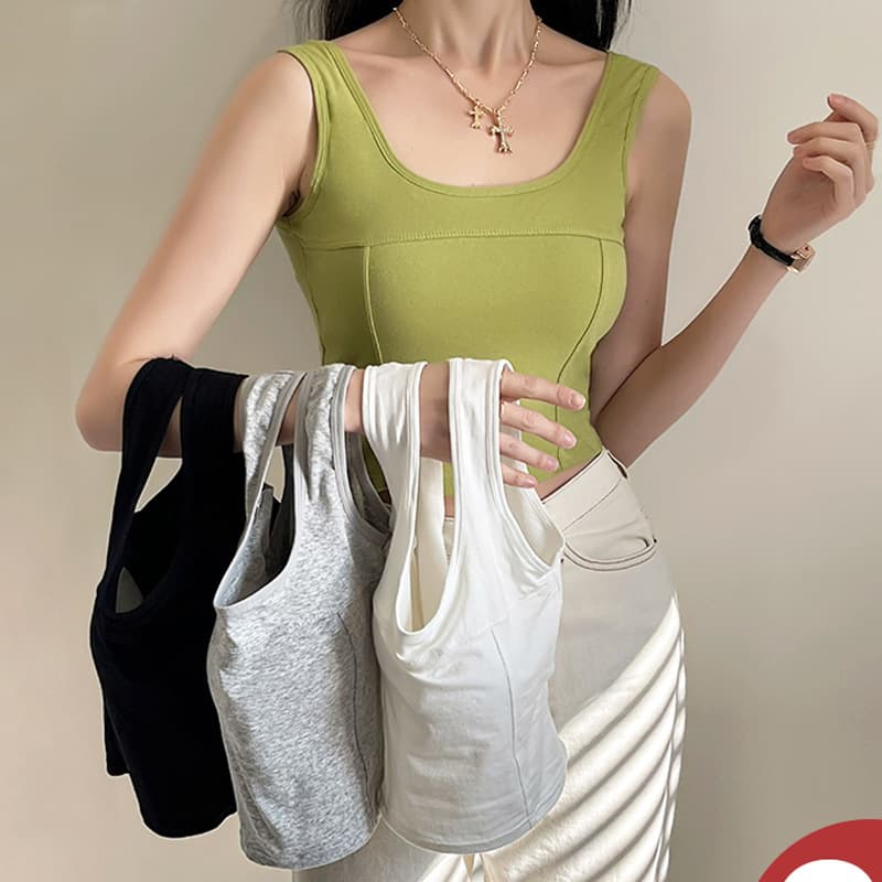 Summer Camisole Tank Top for Women, Built-in Bra with Pads, Backless, White