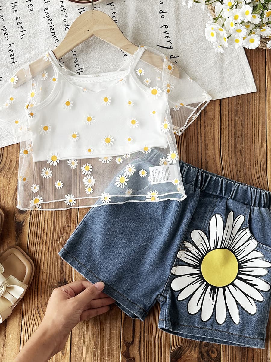 2026 Spring/Summer Women's Girls' Hollow Cover-Up Solid Camisole + Sunflower Print Jeans 3-Piece Set for Europe and US Cross-Border