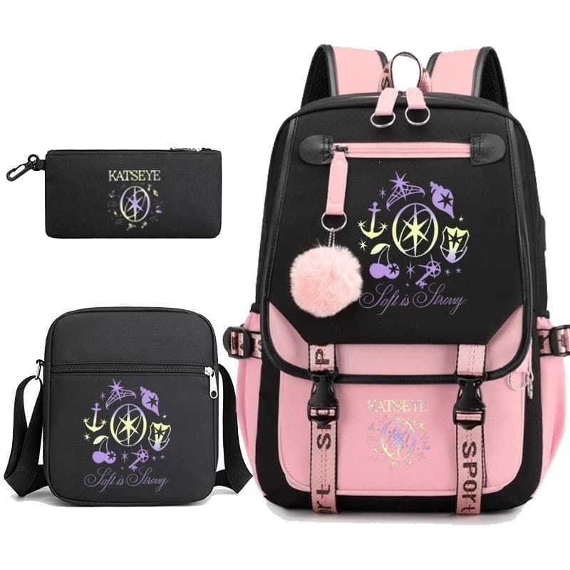 Foreign trade Korean version of the trendy Katseye backpack, lightweight, large-capacity, casual schoolbag for primary and secondary school students, three-piece set