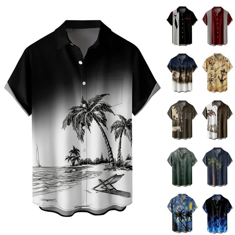 Hawaiian Summer Hot Selling 3D Printed Men's Short Sleeve Pocket Shirt with Turn-Down Collar for EU/US Cross-Border Trade, Direct Shipping