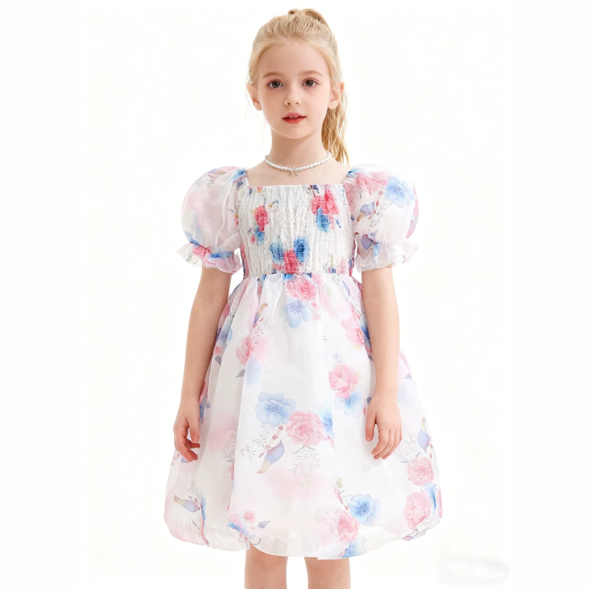 Amazon Girls Dress Puff Sleeve Printed Tulle Princess Dress Little Girl Birthday Party Evening Gown