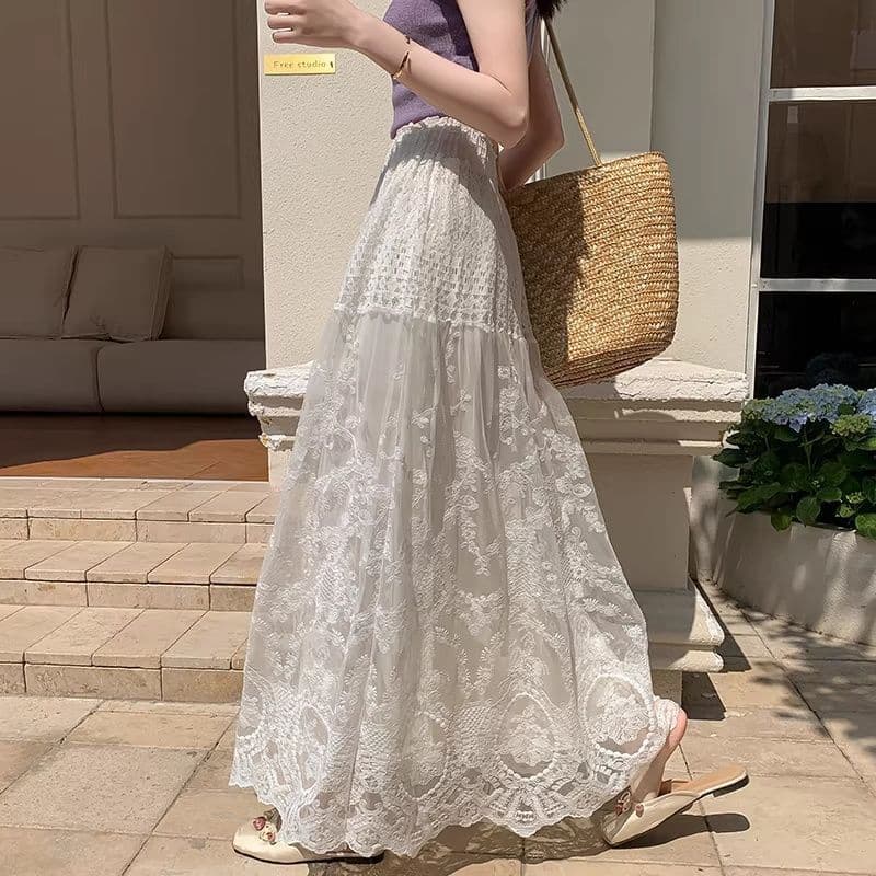 French Lace Mesh Pleated Skirt Half Skirt for Women Summer High Waist Slimming A-line Umbrella Skirt Long Maxi