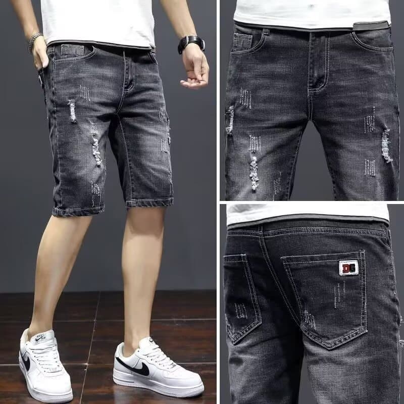 Summer Thin Stretch Denim Shorts Men's Distressed Slim Straight Teenager Mid-Length Cargo Pants Trendy