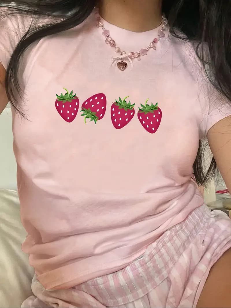 Cross-border Free Shipping TEMU Dropshipping Women's Short-Sleeve T-Shirt Amazon AliExpress Shopee European and American Fruit Strawberry Round Neck Top