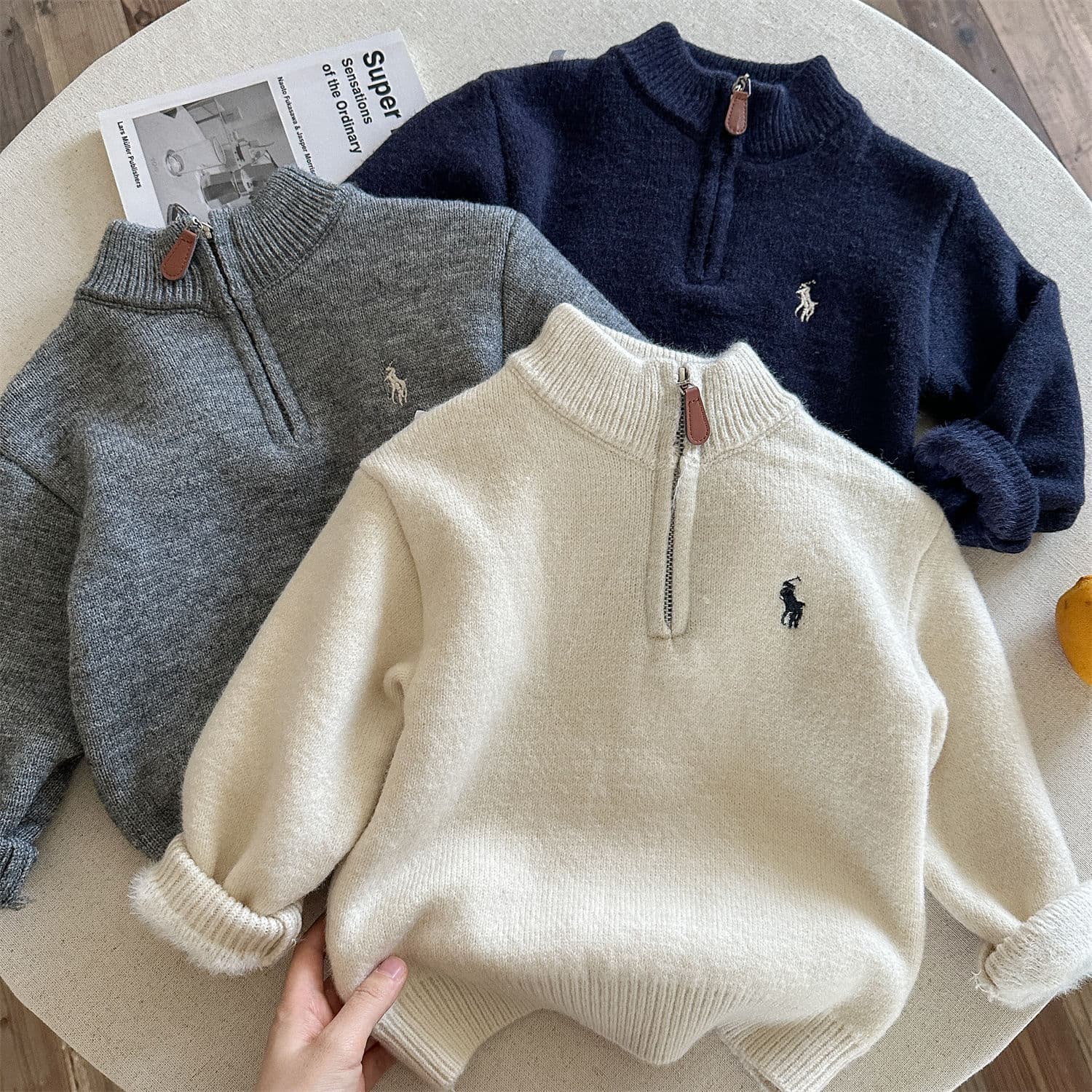 Children's Fleece-Lined Winter Sweater, Embroidered Half-Zip Knit Pullover for Boys and Girls, Thick Cross-Border Style