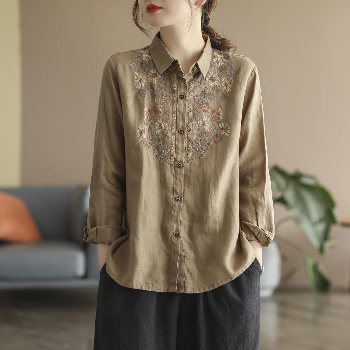 Vintage Bohemian Ethnic Style Embroidered Collar Cotton Linen Shirt 2025 Spring Autumn Loose Fit Long Sleeve Top
