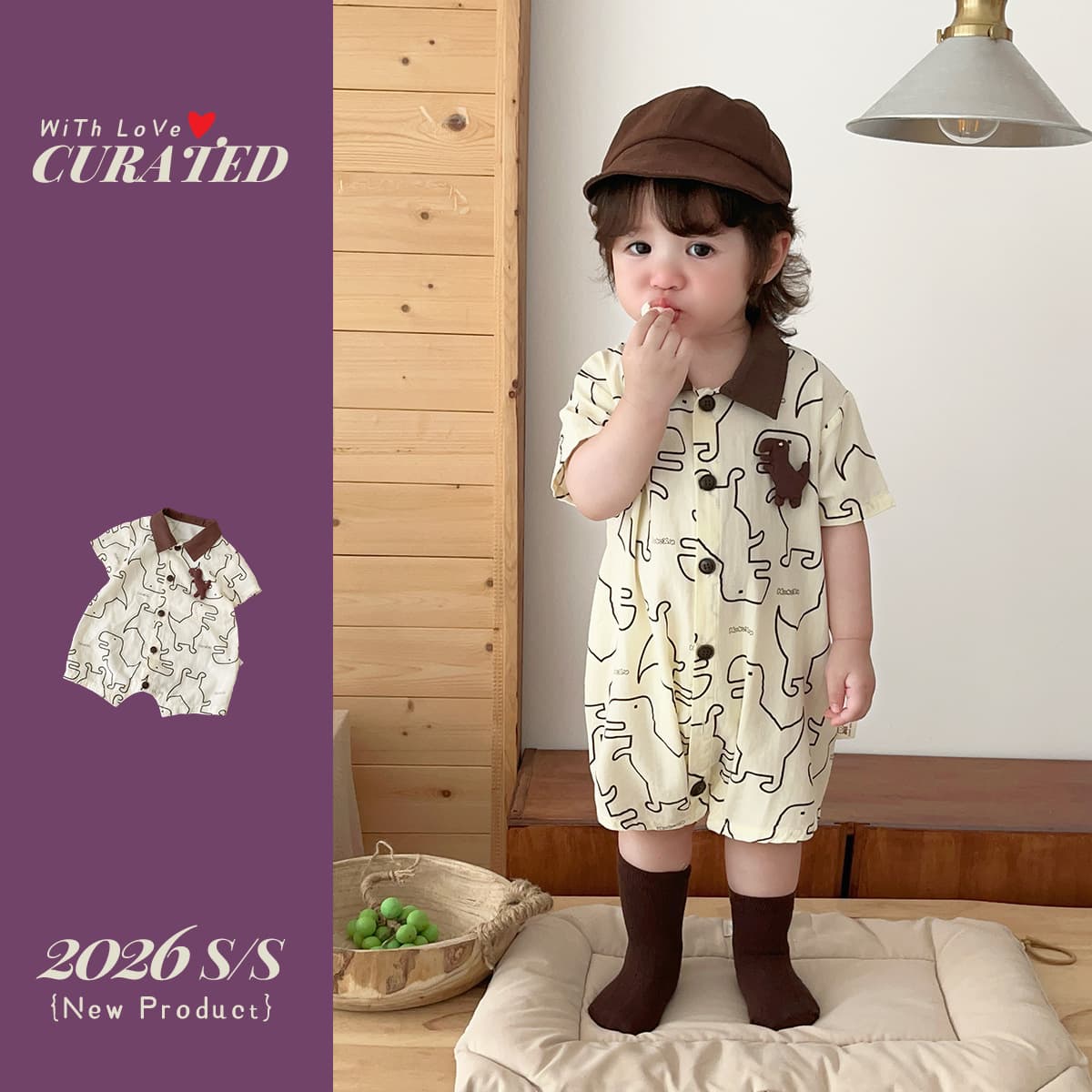 Baby clothes Class A pure cotton jumpsuit for boys, fashionable dinosaur print short-sleeved shirt, 1 outdoor crawl suit