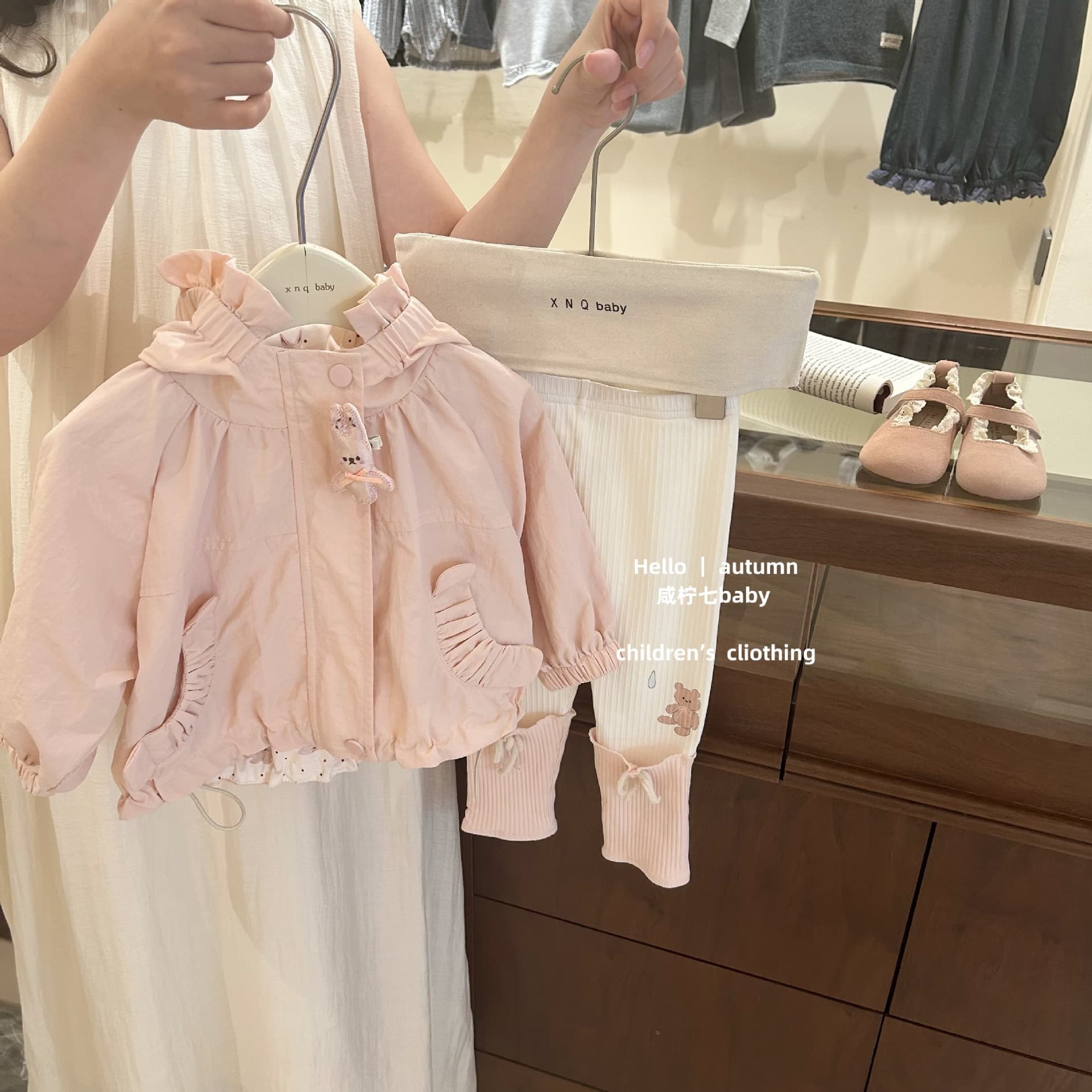 [Salty Lemon Seven] Soft and Cute ~ Girl's Korean Autumn Cartoon Hooded Trench Coat with Leggings Two-Piece Set