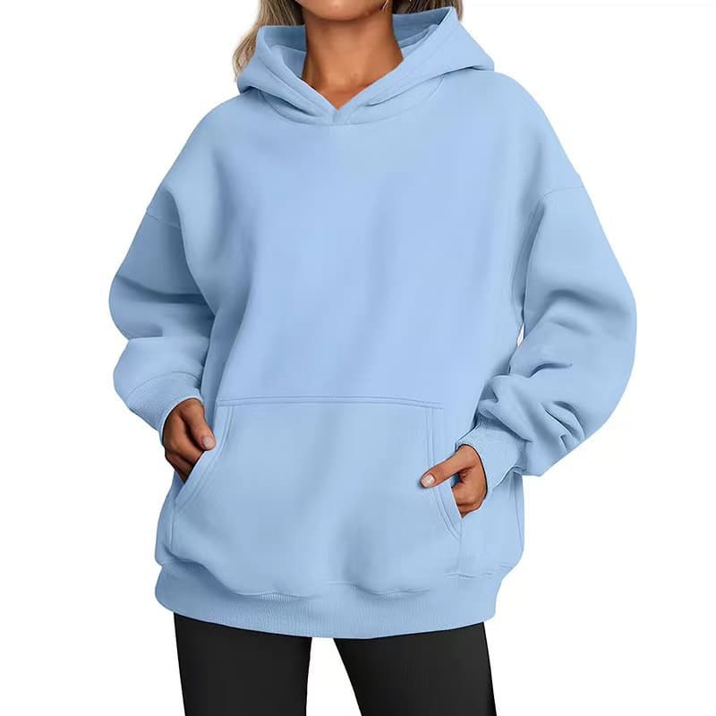 Amazon Autumn Winter Fleece Street Hip Hop Hoodie for Women Solid Color Long Sleeve with Kangaroo Pocket Loose Pullover Sweatshirt