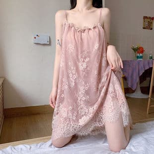 Summer Fairy Camisole Sleep Dress, Women's Sexy Princess Style Court Sweet Thin Lace Sleeveless Nightgown, Plus Size