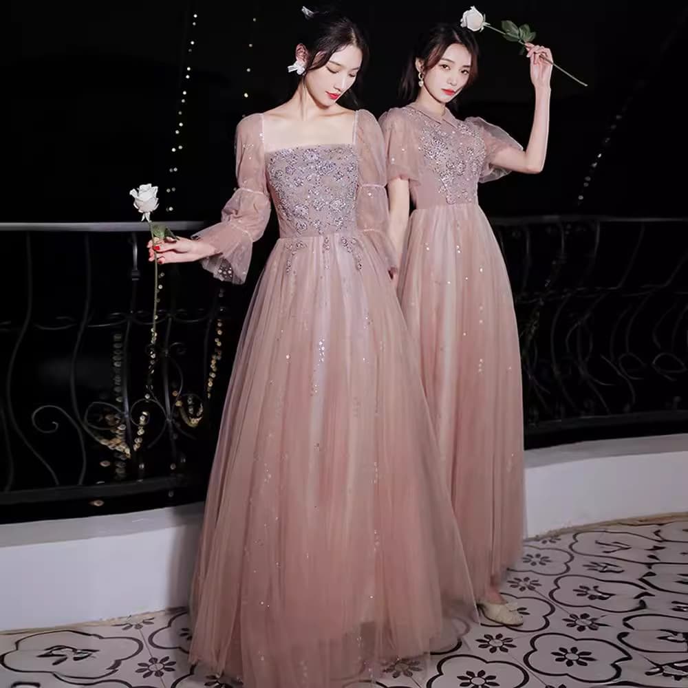 Pink Bridesmaid Dress 2025 New Long-Sleeved Wedding Sister Group Dress Skirt Women's High-End Niche Banquet Dress Winter