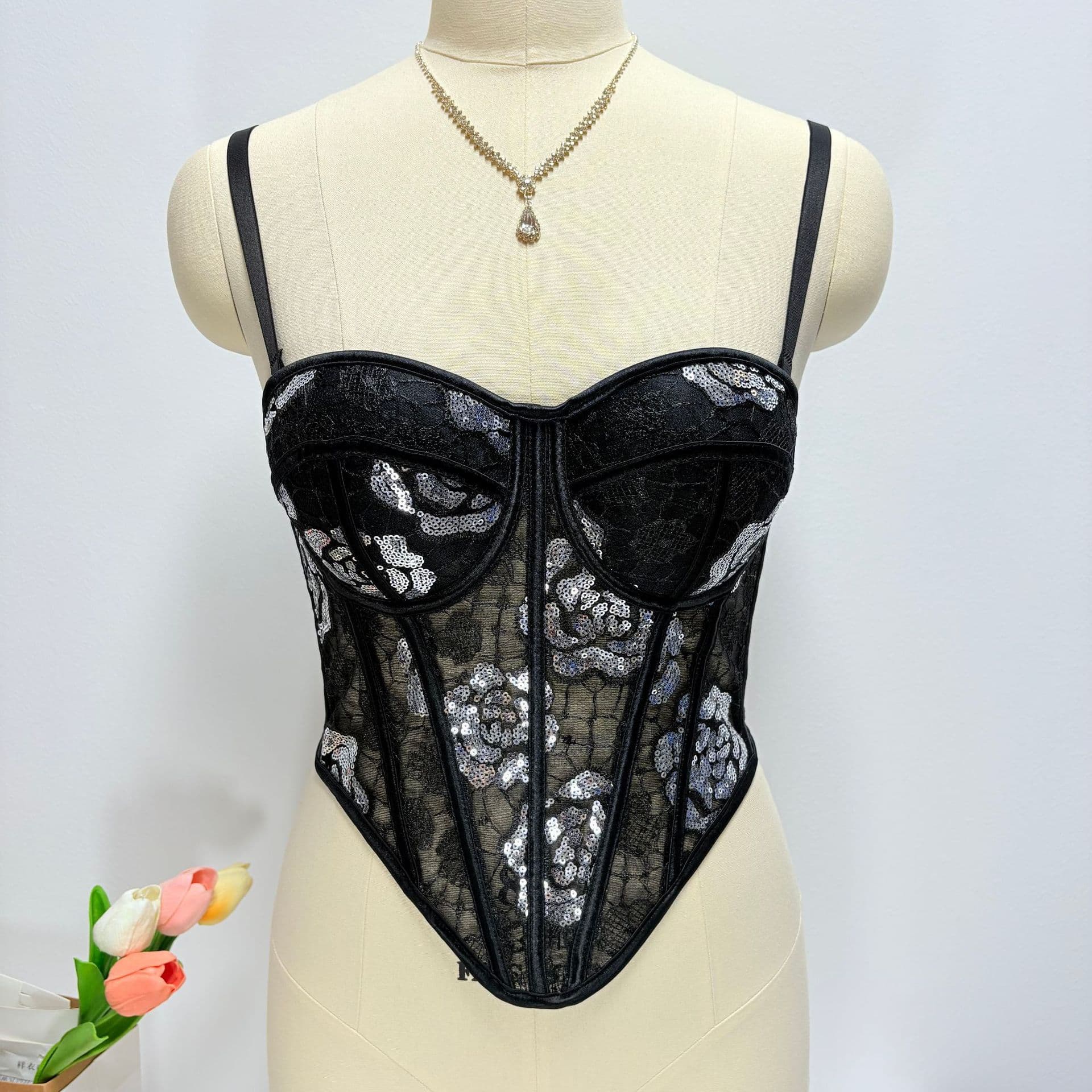 New sequined see-through mesh vest with straps, bra pads, waist cincher, slim fit, breathable shaping, fishbone bra