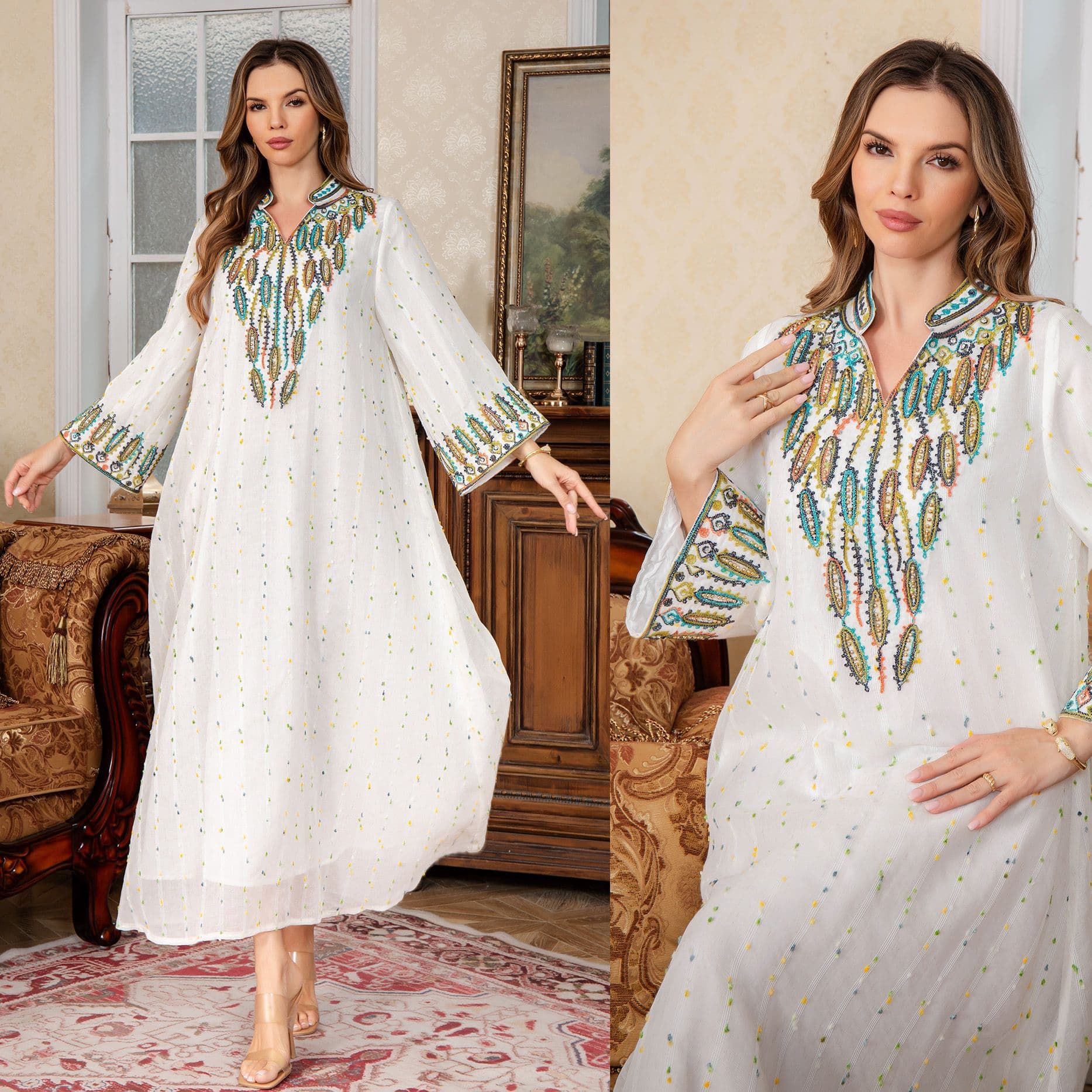 In Stock Hot-Selling Women's Embroidered Long Dress, Factory Wholesale Elegant Cord Embroidery Dress, Embroidered Beaded One-Piece Dress