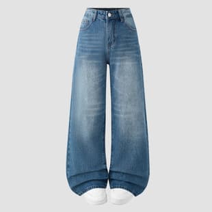 Cross-border EU/US Amazon Teen Girls Adjustable Waist Simple Design High-Waist Wide-Leg Denim Jeans