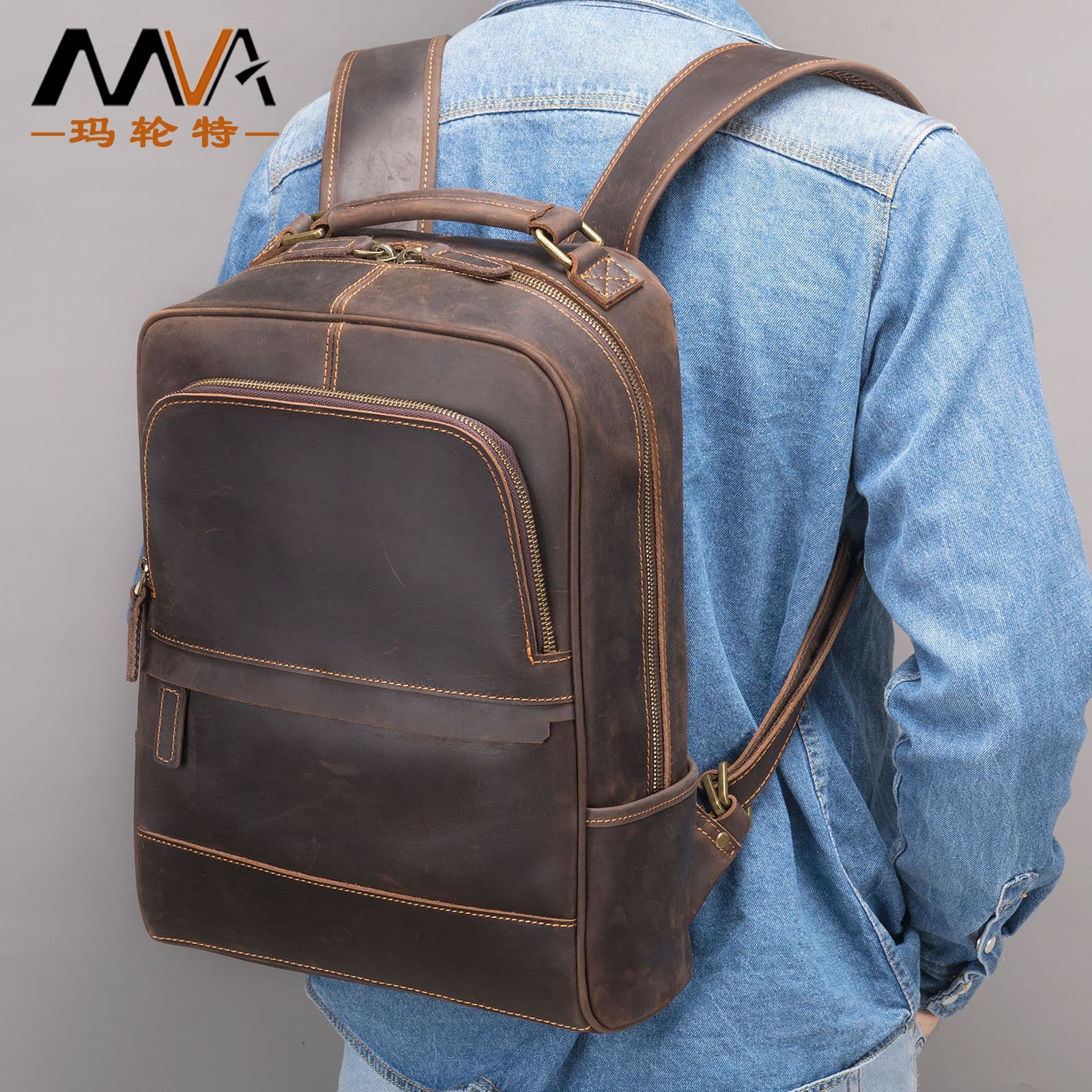 Vintage Crazy Horse Leather Men's Backpack Large Capacity Travel Bag Genuine Leather Dual Shoulder Bag For Men Outdoor Travel